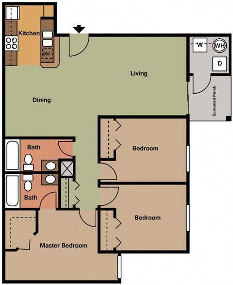 Floor plan for 3 beds, 2 baths, 1204 sqft